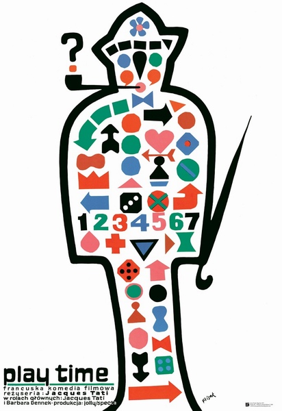 Illustration of man outline, with multicoloured shapes decorating this suit, with the words 'Playtime' in the bottom left hand corner