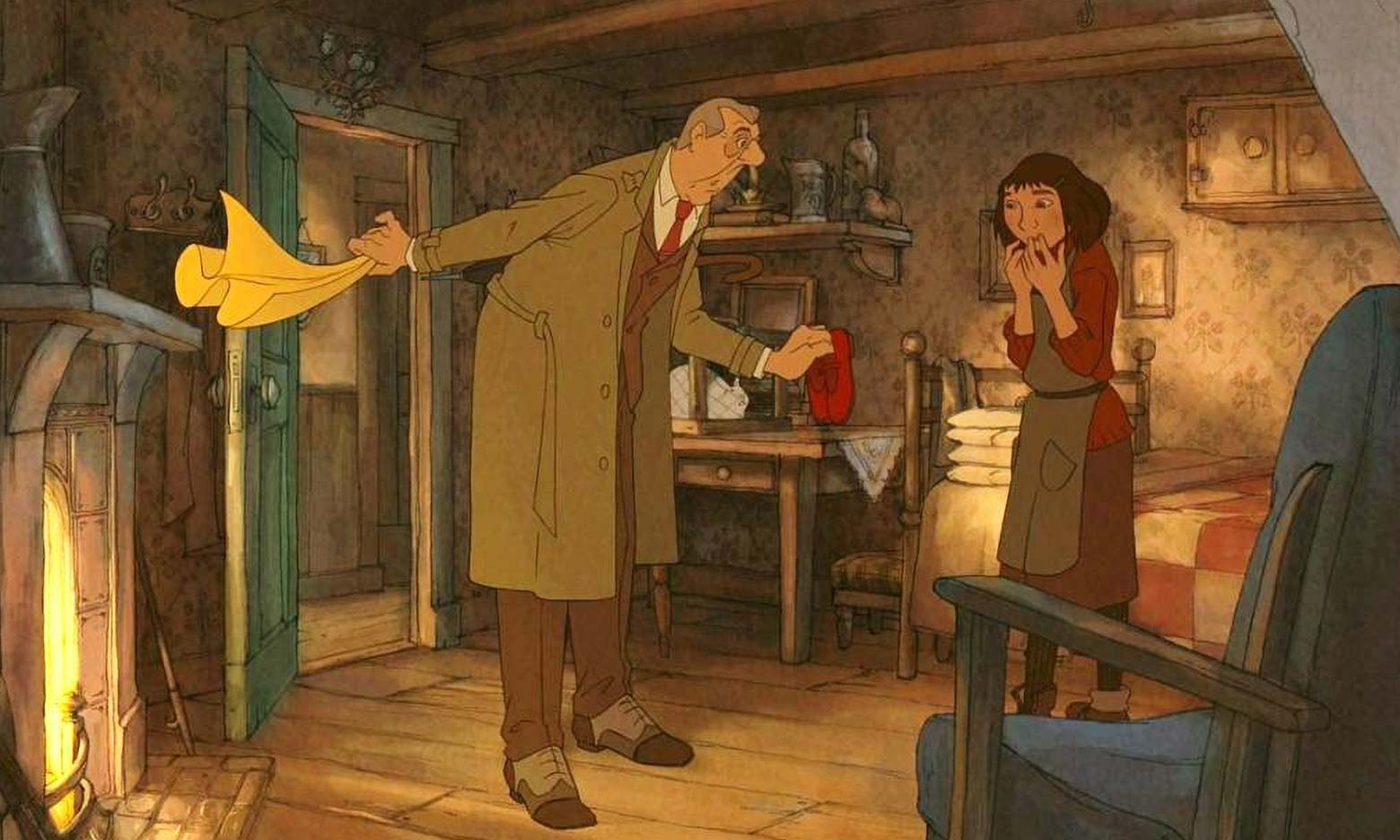 Cartoon image of an older man explaining something to a young woman