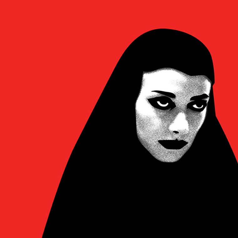 Woman in red and black veil
