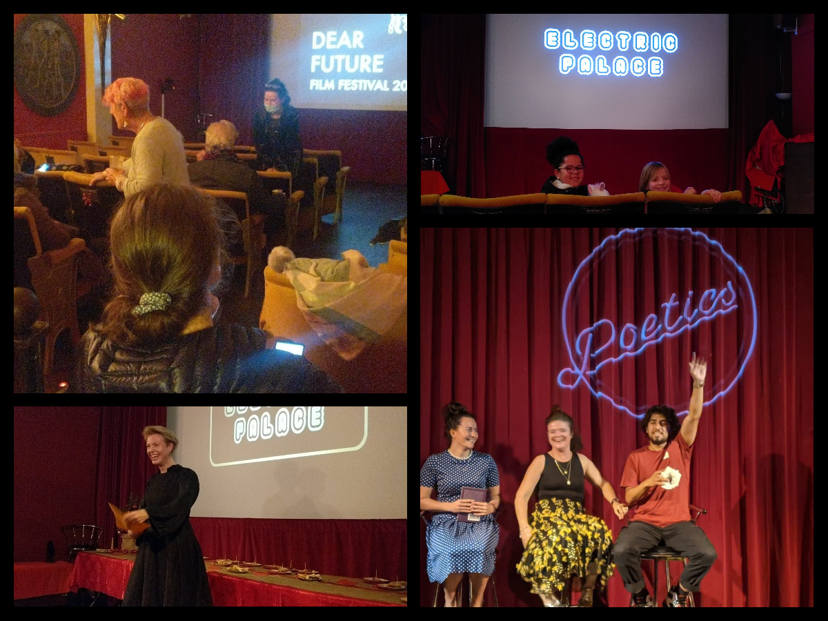 collection of people using the cinema in different ways - 4 separate photos of people smiling in the cinema