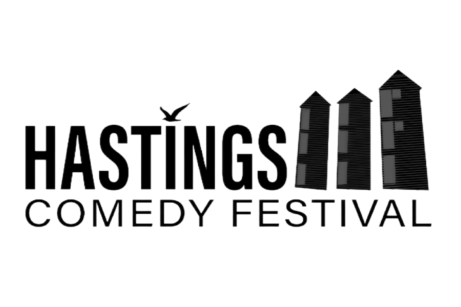 Hastings Comedy Festival logo including illustration of fishing huts