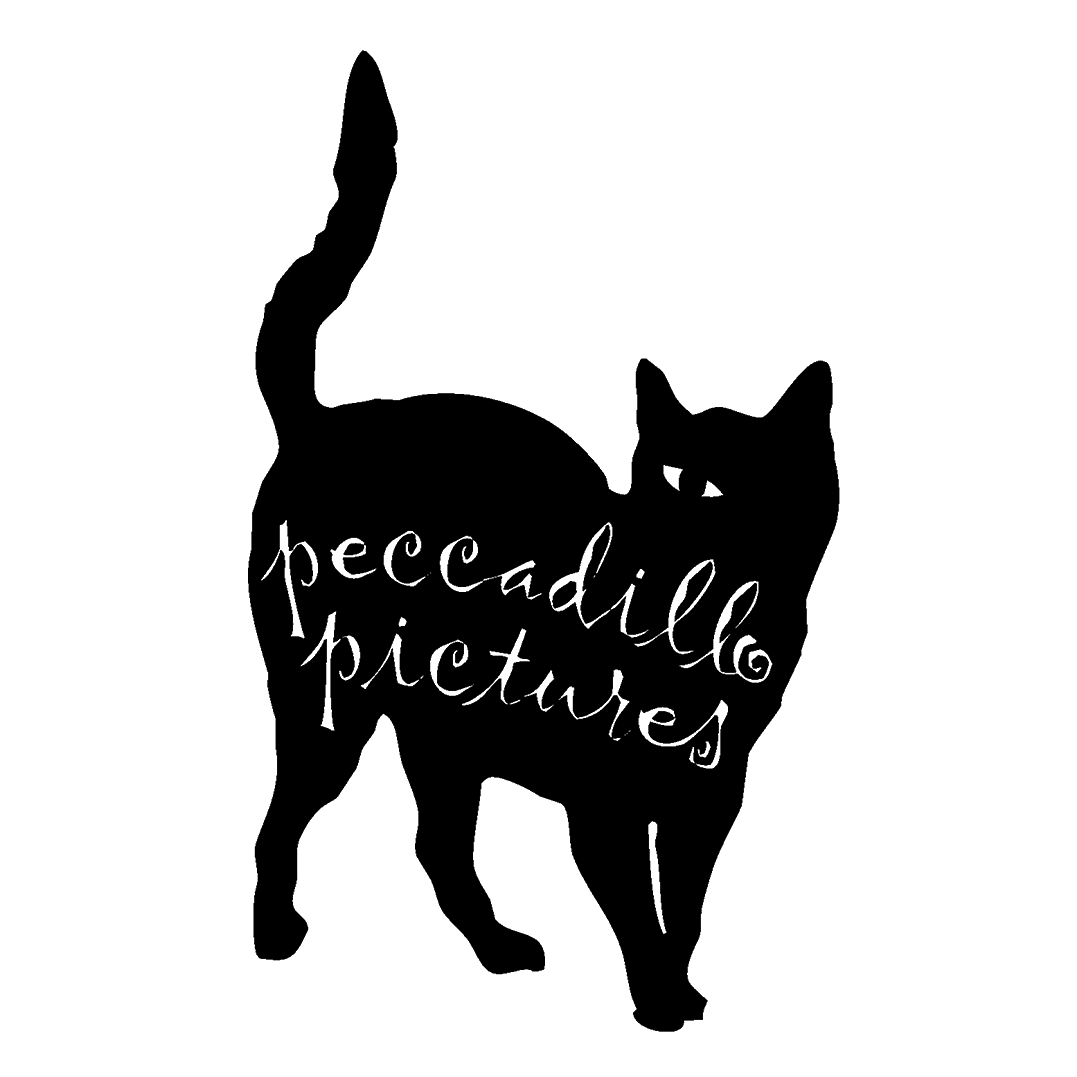 Illustration of a black cat with Peccadillo Pictures in cursive near it
