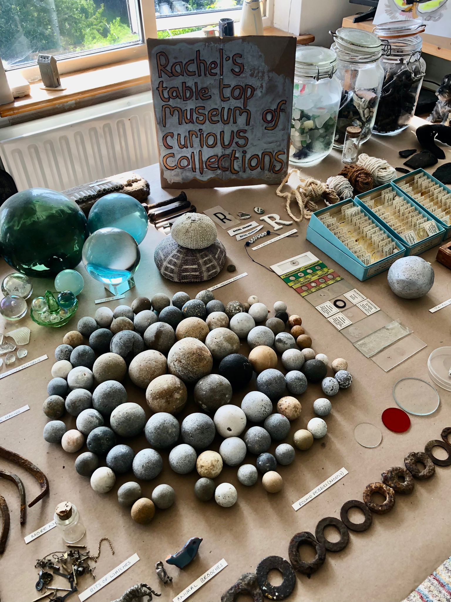 A collection of stones arranged neatly on a table