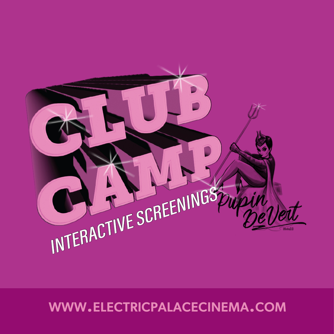 Club Camp presents interactive screenings. An illustration of a person dressed flamoyantly