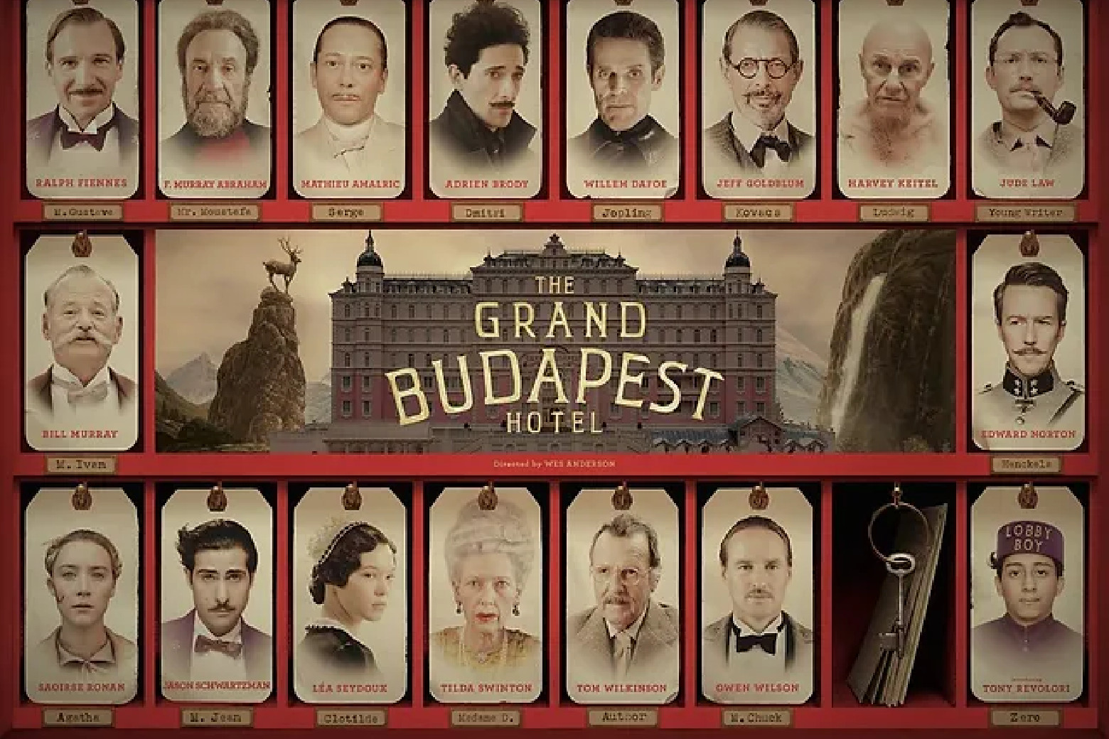 Group of 20+ people in a circle around the edge of the text: The Grand Budapest Hotel