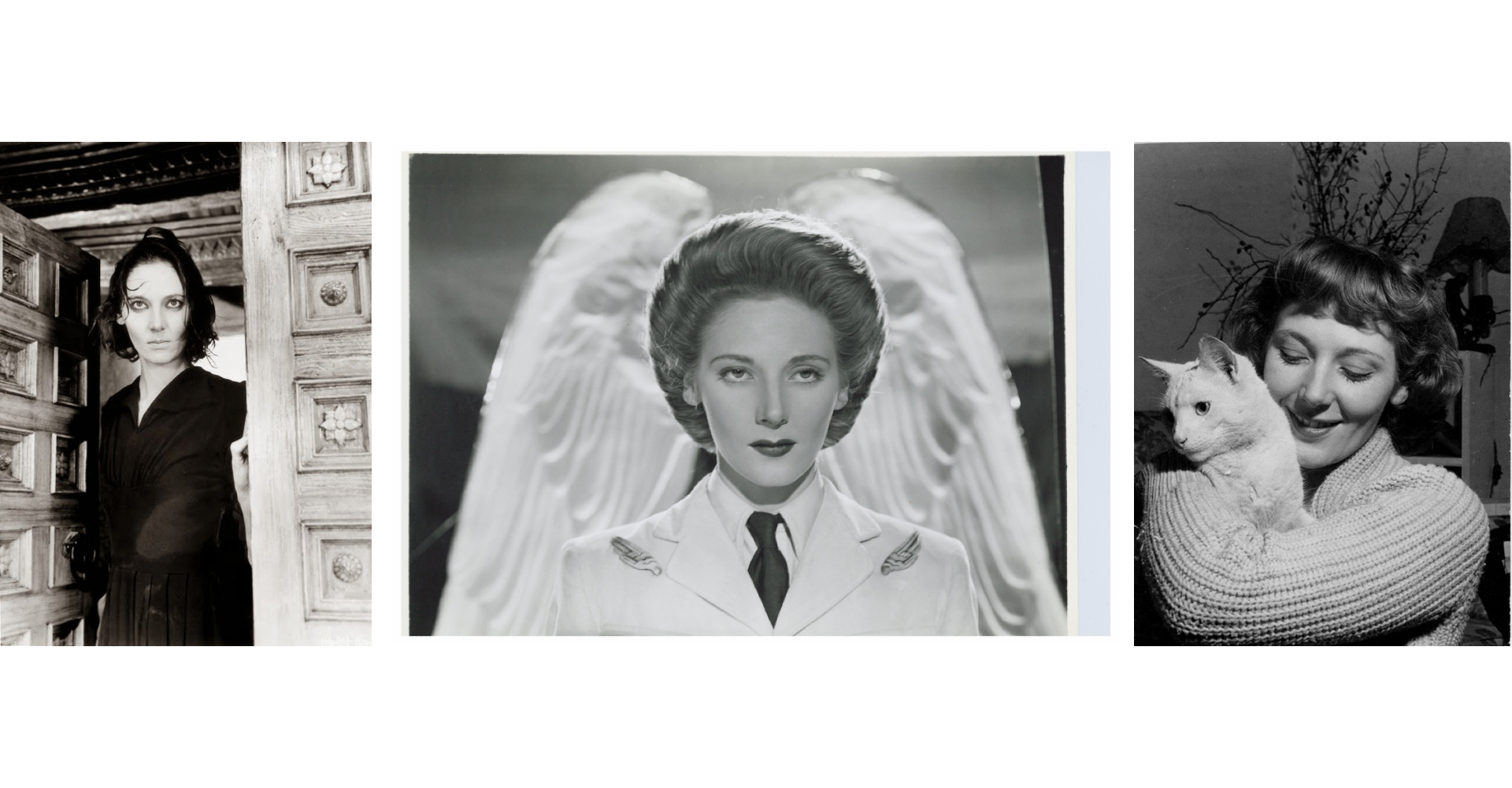 Three images of the same woman - standing by a wall, dressed in smart white uniform, and one holding a cat