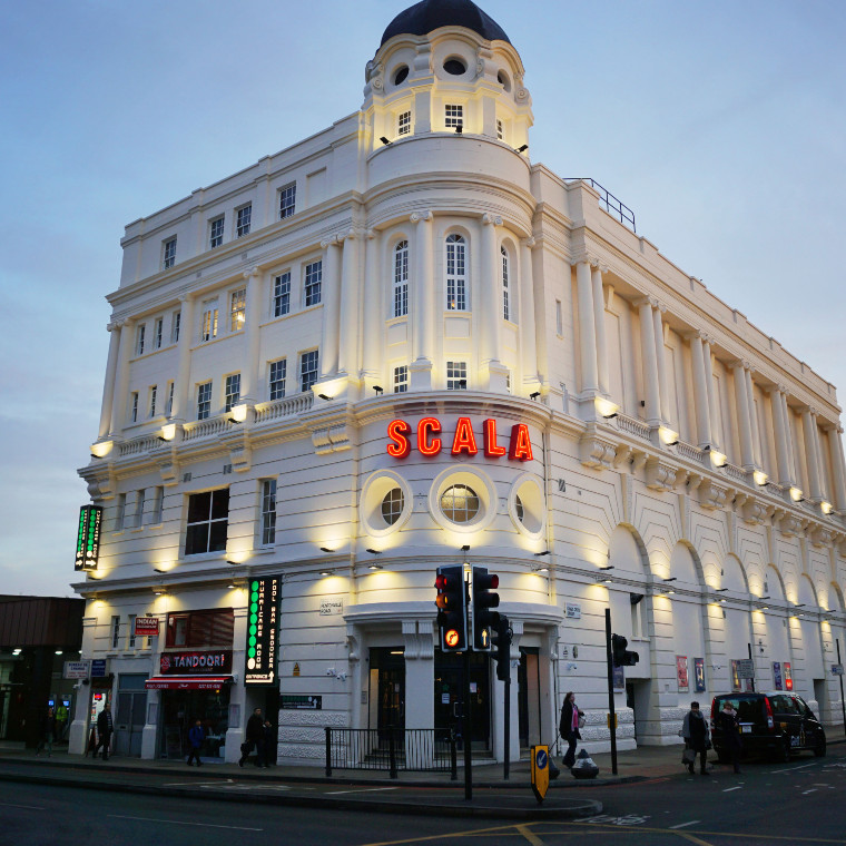 Exterior of Scala cinema - big impressive building on corner of two roads