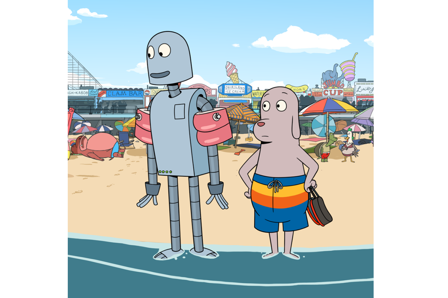 A robot and a dog animation standing on a beach scene