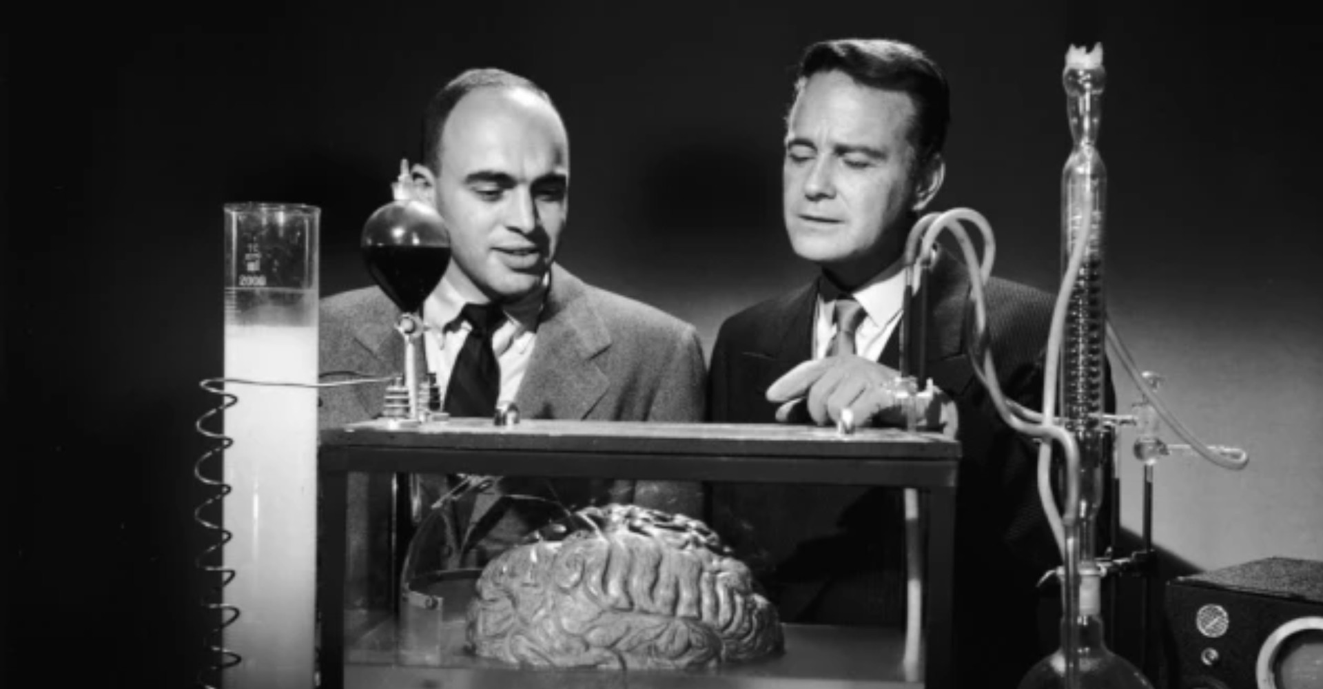 Scientists looking at a brain with wires coming out