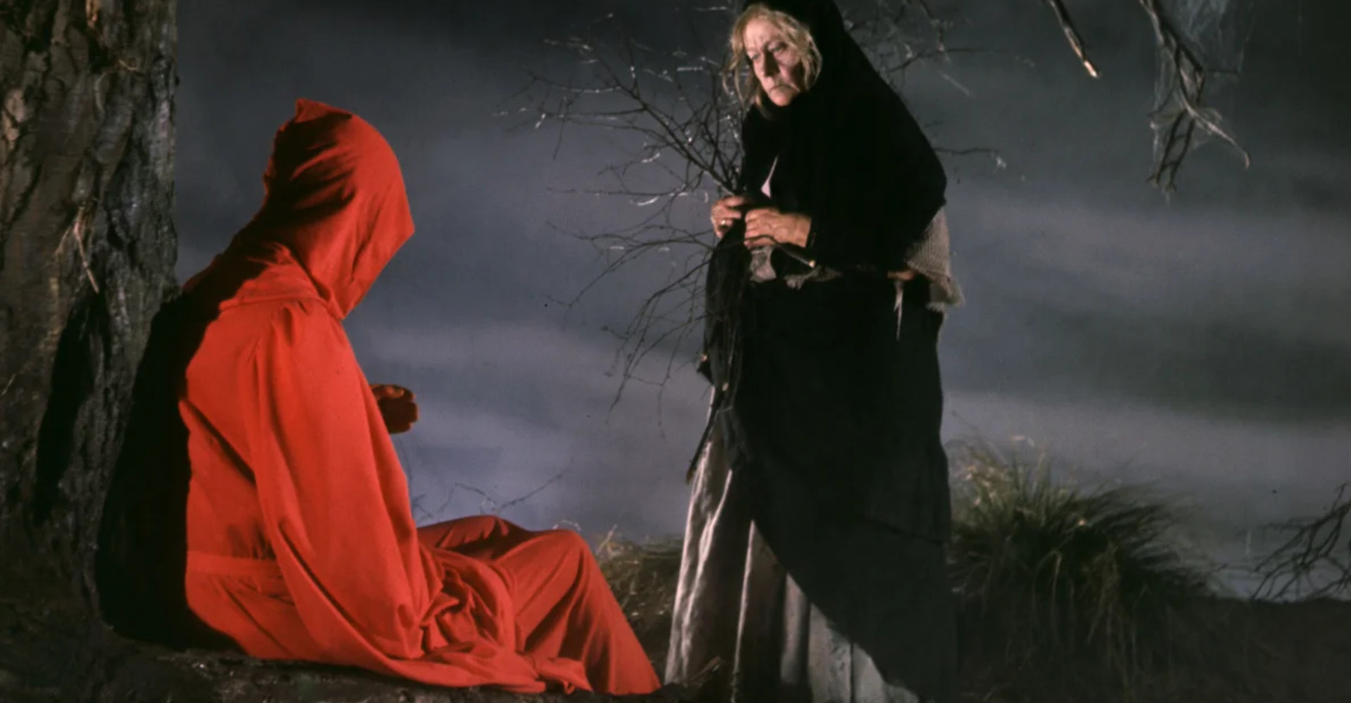 person in red cloak in eerie scene by a tree