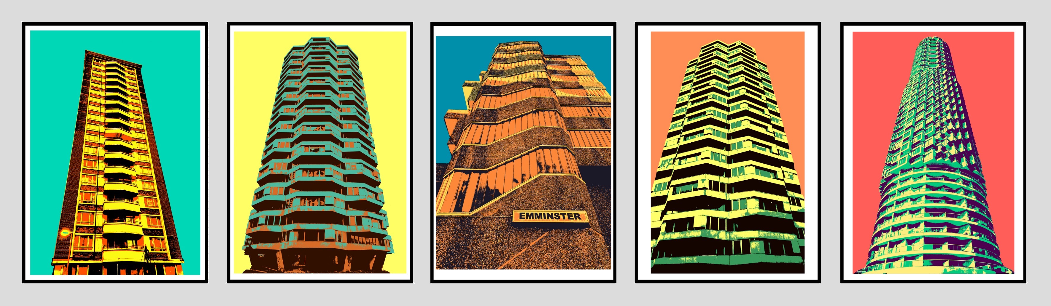 Montage of brutalist buildings artwork