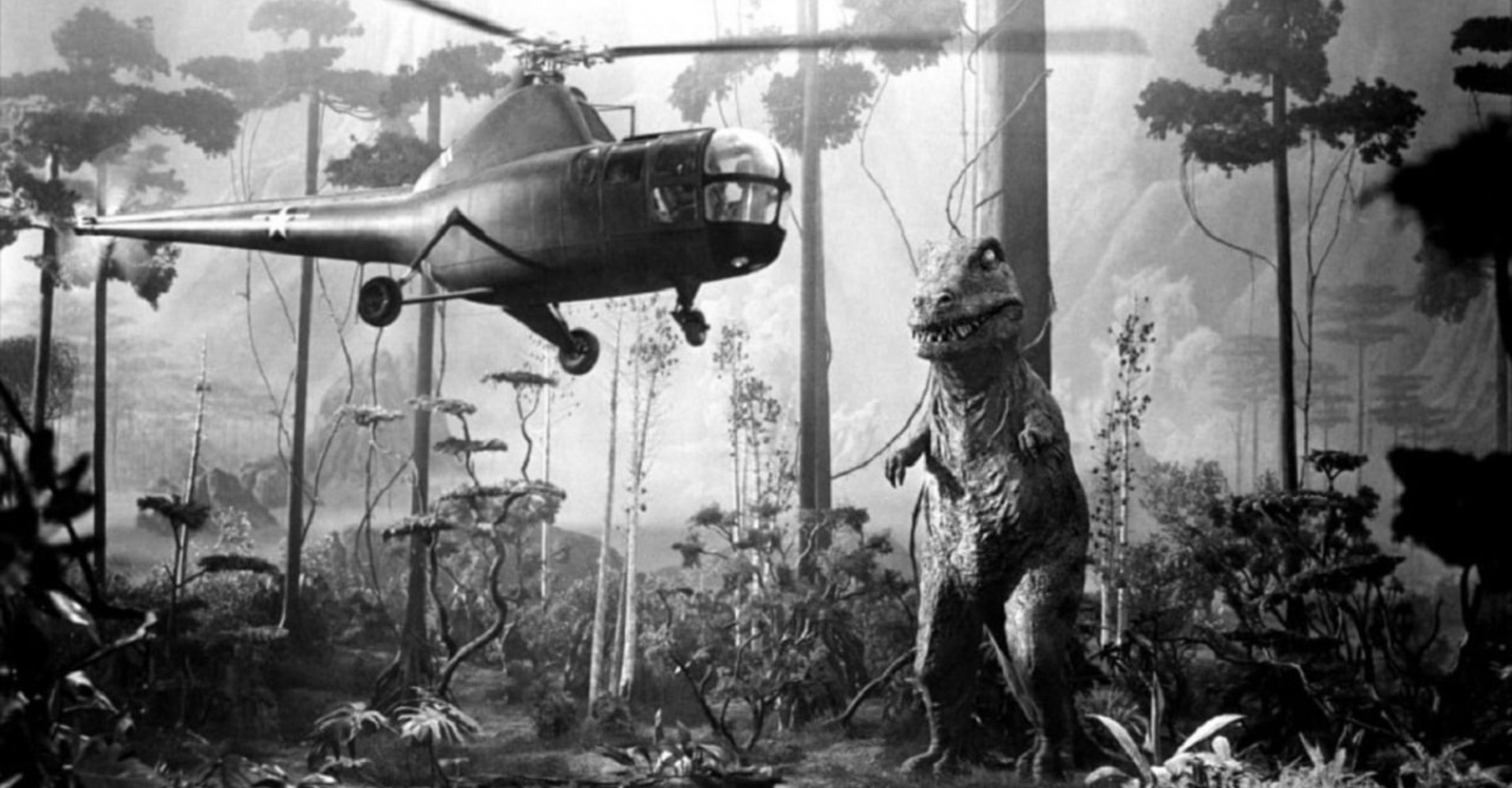 Dinosaur monster stands by helicopter in jungle setting