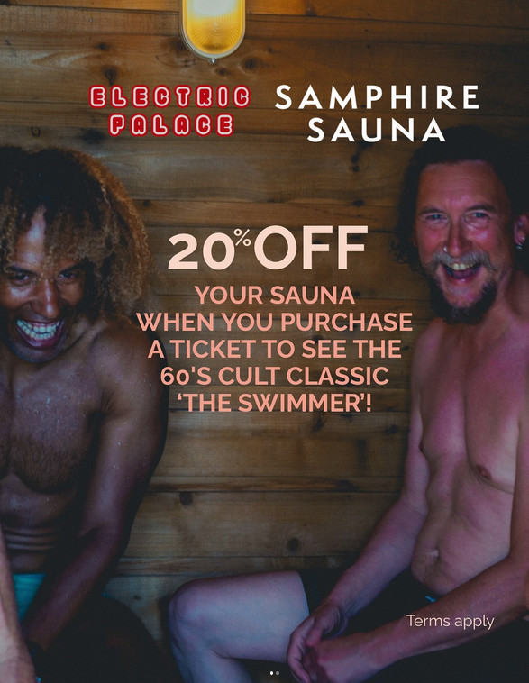 Special offer flyer - shows two men in sauna smiling
